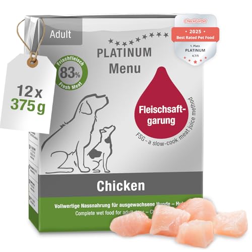 PLATINUM- Hundenahrung Menu Adult Chicken aus Fleischsaftgarung- 12 x 375 g Hundenassfutter nährstoffreich wie Barf- besonders schmackhaft für kleine und große Hunde- BPA- frei, in DE geprüft