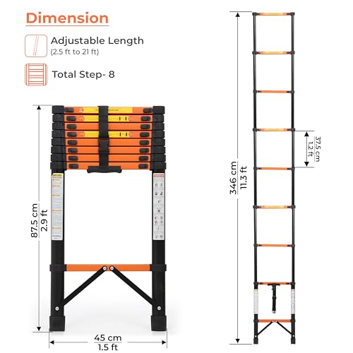 Image of Plantex 3.5m (11.48 ft.) Telescopic Ladder /Carbon Steel 9-Steps Portable & Compact Ladder /Foldable Multipurpose Collapsible Ladder for Home & Outdoor Use - (Orange)