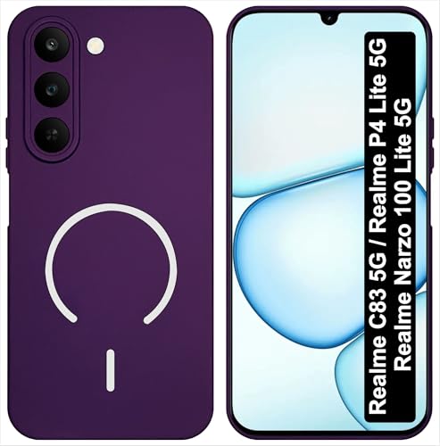 Image of SBMS Silicone Back Cover Case for Realme C83 5G /Narzo 100 Lite /P4 Lite | Soft Micro-Fibre Lining Inside | Magsafe Print On Back Side Camera Protection Bump | Shockproof Case Realme C83 5G (Purple)