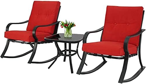 Incbruce 3 Piece Patio Bistro Set Outdoor Rocking Chairs Set, Porch Patio Chairs Set of 2 with Coffee Table (Red Thickened Cushion)