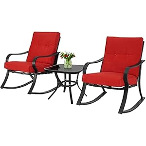 Incbruce 3 Piece Patio Bistro Set Outdoor Rocking Chairs Set Porch Patio Conversation Chairs Set of 2 with Glass Top Coffee Table Red Thickened Cushion