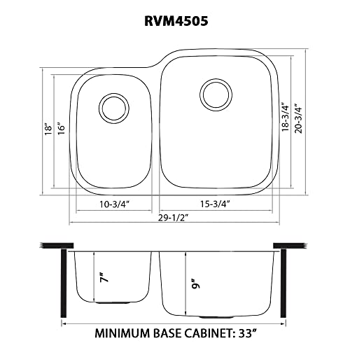 Ruvati Rvm4505 Undermount 16 Gauge 29" Kitchen Double Bowl Sink, Stainless Steel #TOP6