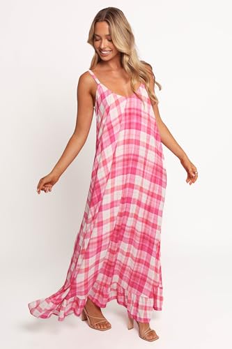 Image of LASPIA Spaghetti Strap Dresses for Women Plaid V Neck Maxi Sundress Beach Long Dress with Pockets