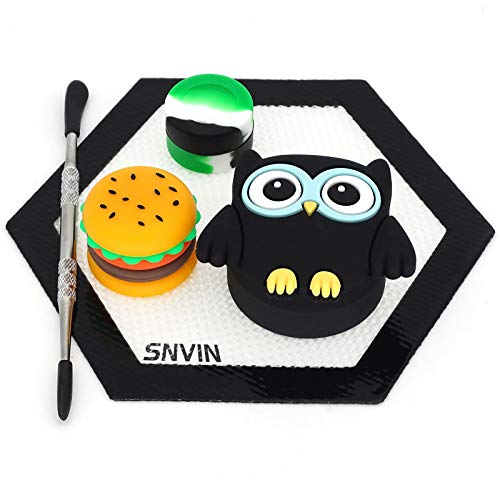 SNVIN Owls and Burgers Silicone Wax Concentrate Containers Non-stick Jar Comes with a Heat-Resistant Silicone Pad and Carving tool Set (Black)