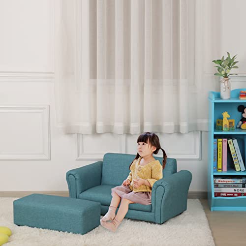 Getifun Kids Sofa Couch/Pvc Leather Toddler Couch With Ottoman/Upholstered Children Armchair For Kids Under 4 Years Old/Double Kids Seat With Stool (Blue) #TOP3
