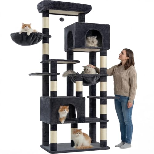 Image of Heybly Cat Tree, 76-Inch Tall Heavy Duty Cat Tower for Big Cats HCT039G | Multi-Level Large Cat Furniture with Extra Wide Baseboard, 2 Condos & 2 Hammocks, 10 Scratching Posts, Smoky Gray