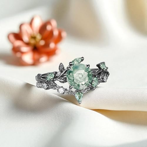 Nature Moss Agate Engagement Ring Set Black Gold Nature Inspired Wedding Rings For Women Moissanite Wedding Band Promise Anniversary Rings3