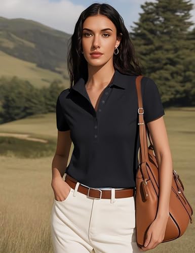Prettywear Womens Short Sleeve V Neck Polo Shirts Dressy Casual Work Collared Button Summer Slim Fit Tops2