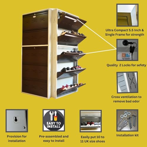 Image of I Metal Shoe Rack I Double Lock Slim and Wall Mounted I 5 Shelves (Brown Colour) I Coad LC 2L-05 BR I Height 71.5 Inches, Width 29 Inches, Depth 5.5 InchesI 3 Years Warranty.