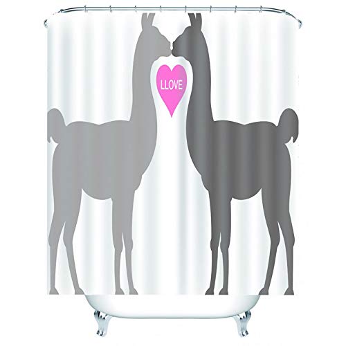 EHOMERY Duschvorhang New York Duschrollo Für Badewanne L Form Liebe Zwischen Alpaka Polyester Rosa Grau Rostfreie Ösen Und 12 Hakenringe, 140X180Cm