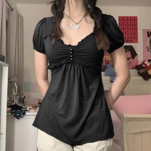 Women Y2K Fairy Grunge Crop Top Vintage Aesthetic Puff Short Sleeves Slim Babyboll Shirt Cute Coquette Top Clothes4