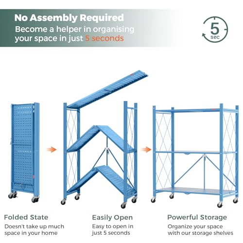 Image of DEANIC 3 Tier Foldable Storage Shelves with Wheels, Kitchen Appliance Stand, Freestanding Metal Wire Shelf Rack, No Assembly Organizer Rolling Cart for Garage, Basement, Pantry(Blue)