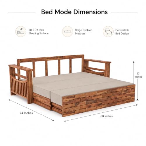 Image of Douceur Furnitures Solid Sheesham Wooden 3 Seater Sofa Cum Bed with Mattress,Cushions & Side Pockets,Wood Foldable Convertible Sofa 3 Seater Diwan Cum Bed for Living Room & Office|Natural Teak Finish