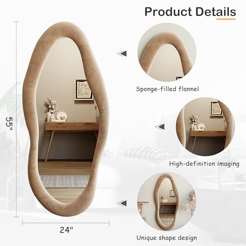 Honyee 55" x 24" Wall Mirror, Flannel Wrapped Wooden Frame Wavy Mirror, Irregular Mirror Hanging for Cloakroom/Bedroom/Living Room, Milk Tea - Image 5