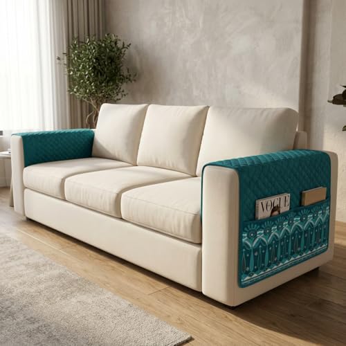 Image of KINGLY Armrest Cover with Pocket | Anti-Slip Sofa Arm Protector | Washable Arm Cover | Teal Blue