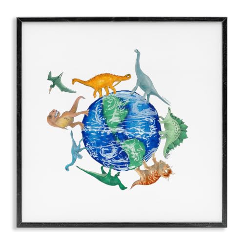 'Various Dinosaurs Circling Planet Earth Globe'| Framed Giclee Art