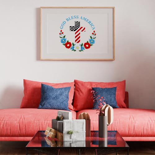 Image of Louise Maelys Embroidery Kit for Beginners, Cross Stitch Kits with Adults, DIY Needlepoint Kit with Christian Cross and Stars and Stripes Pattern, Including Cloth, Hoop, Instructions and Threads