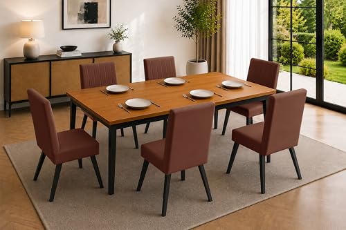 Image of Rosebell 6 Seater Dining Table Set with Cushioned Chairs | Modern Dining Table for Home, Dining Room & Kitchen | Black Metal Legs | Brown