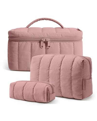 Image of BAGSMART Travel Makeup Bag Set, 3 Pc Puffy Cosmetic Pouch, Dusty Rose