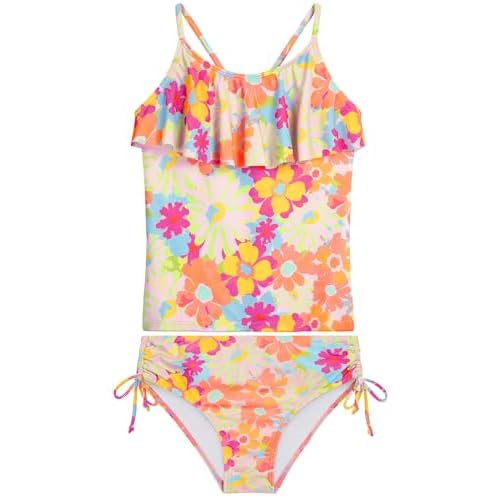 HOZIY Girls Swimsuit 2 Piece Tankini with Adjustable Straps Drawstring Shorts Ruffle Bathing Suit for 5-16Y 9-10 Years Coral Floral
