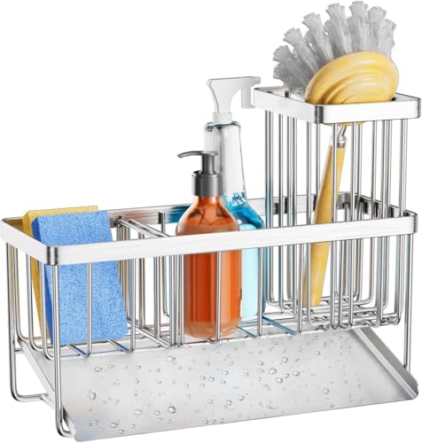 TATIU スポンジホルダー キッチン スポンジ置き 水が流れる 防錆 ステンレス製 キッチン 洗面台 収納 洗剤置き 可動式仕切り 洗面台 収納 ブラシホルダー付き(シルバー)