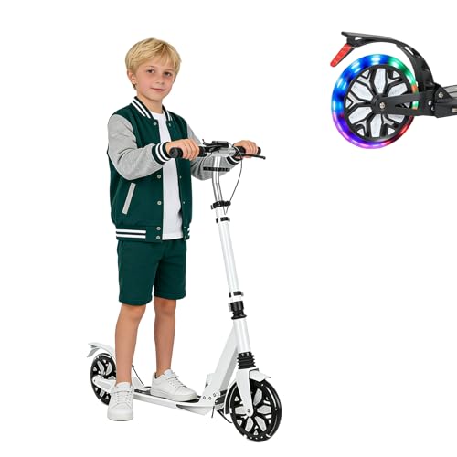 Image of Kick Scooter for Ages 13+, Teens and Adults. Led Light Up Wheels, 4 Levels Adjustable Handlebar, Dual Brakes, Anti-Slip Pedal, Foldable 8in Big Wheels for Kids (300lbs)