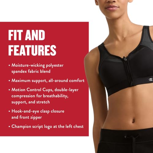 Image of Champion Women's Sports Bra, Motion Control Front-Zip, High-Impact Maximum Support, Breathable, Moisture-Wicking