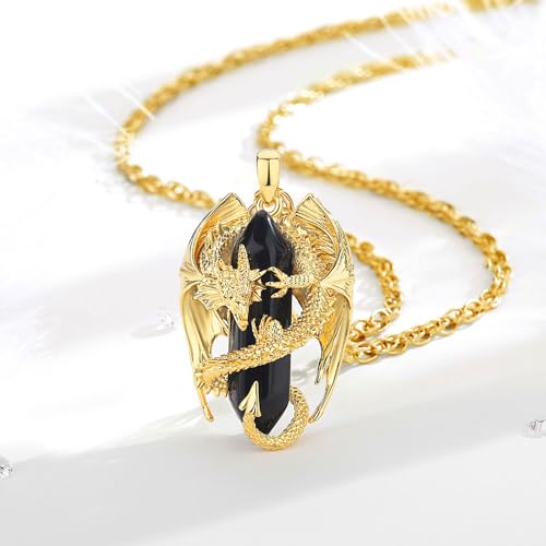 INFUSEU Dragon Pendant Necklace Men Women Black Obsidian Crystal Jewelry Spiritual Protection Gifts Big Birthday Gothic Goth Punk Stuff Cool Personalized Present3