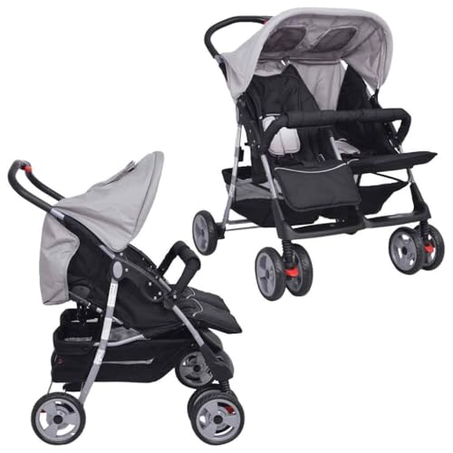 Cochecito gemelar de acero, gris y negro, con capota plegable, 80 x 96 x 104 cm, para 1 – 2 niños de hasta 15 kg, cochecito ligero y manejable para paseos y uso diario
