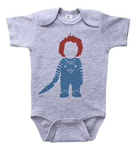 Image of Baffle Chuckie Inspired Nineties Onesie, Horror Baby Bodysuit (Grey Short Sleeve, 6-12 Months)