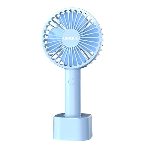 Image of UN1QUE Mini Portable Hand Fan - Powerful Brushless Motor Small Fan, 3-Speeds, USB Rechargeable Fan with Base for Travel, Office, Kitchen for Women and Men (Blue, X3 Pro)