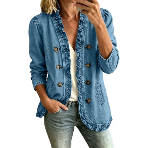 Womens Ruffle Trim Denim Jacket Double Breasted Long Sleeve Jean Outwear