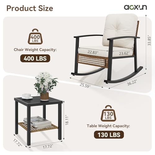 Aoxun 3-Piece Outdoor Rocking Bistro Set, Patio Furniture Set with Coffee Table and Thick Cushions, Wicker Rocking Chairs Set of 2 for Garden, Balcony, Backyard, Poolside (Beige)
