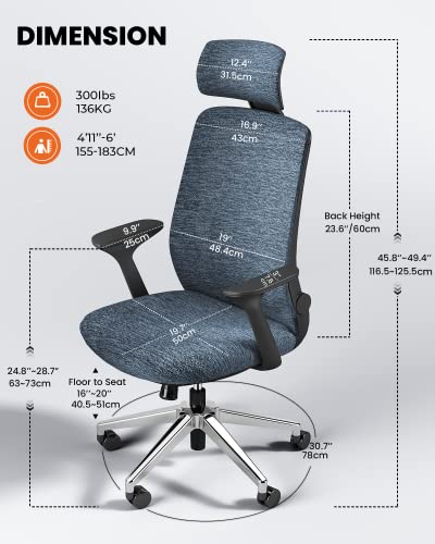 Dripex Mesh Office Chair For Home, Ergonomic Desk Chair With Arms/Lumbar Support/Mesh Back/Adjustable Headrest & Height/Wheels, Computer Chairs Tilt Reclining Swivel Rolling Chair, Blue #TOP1