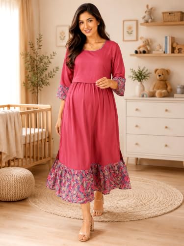 Image of RITIJYA Zipless Feeding Kurta Dress for Women | Maternity Nursing Kurti, No-Zip Easy Access | Extra Pleats Pre to Post Pregnancy | Quick-Dry Fabric | S-4XL