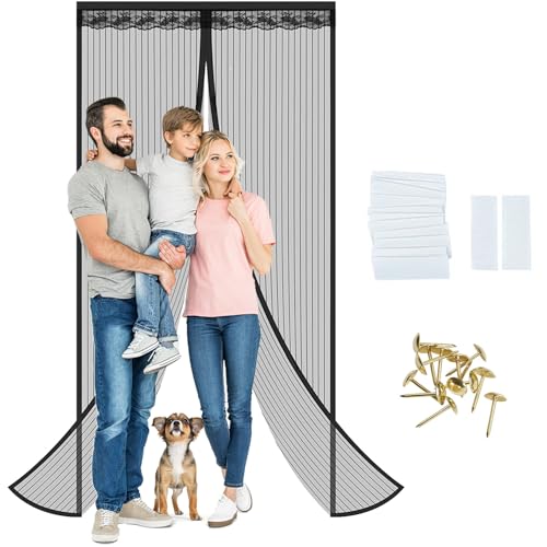 Magnetic Screen Door, Fit Door Size 32 x 80 Inch, Self Sealing Magnets,Keep Bugs Out, Flame Retardant, Anti-Scratch,for Sliding Door, Front Doors(S-32 x 80in-Lace Border)