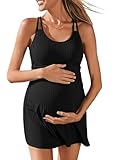 Jarden Tales Ribbed Maternity One Piece Swimsuit Dress Wrap Bathing Suit with Built-in Pocket Short Swimwear Tie Knot Skirt Black 12