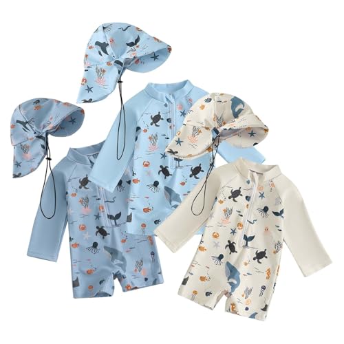 Traje de Baño Bebé UPF50+ con Capucha y Mangas Largas Rash Guard con Cremallera Cómoda y Transpirable Traje de Baño Bebe Niño Niña de Verano de Playa Vacaciones para 0-3 Años