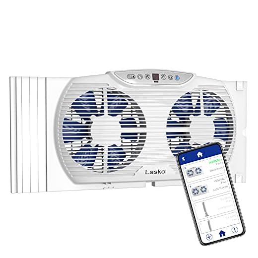 Lasko W09560 Bluetooth Enabled Twin 9-Inch Window Fan with Independent Electrically Reversible Intake & Exhaust Motors with Thermostat and Timer for Bedroom Indoor Home Use, White