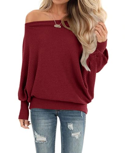 Dressmine Oversized T Shirts for Women Off Shoulder Burgundy Tops Long Sleeve Casual Spring Fashion Outfits Waffle Clothes Size 18