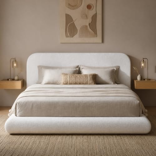 Image of RECCI Airframe Bread King Curved Cloud Platform Bed Frame | Fully Cushioned Foam Arched Panels and Rounded Headboard, Easy to Assembly, Cream Plush Velvet Fabric for Aesthetic Bedrooms