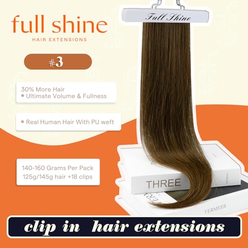 Image of Full Shine Seamless Clip in Hair Extensions Human Hair, Brown 160g 22 Inch | Invisible PU Weft, Full Head Coverage, Secure Clips, Dense Volume Coverage for Medium to Thick Hair, Chestnut Brown, 8 Pcs
