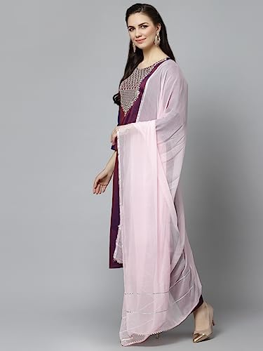 Image of LookMark Women's Art Silk Purple 3 /4 Sleeve Straight Kurta with Pant and Light Pink Color Dupatta(KS2065-S )