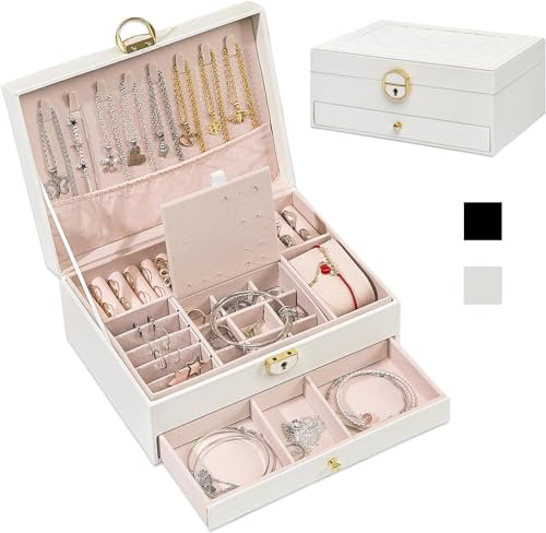 Image of KRISHYAM Jewelry Boxes for Women - 2-Layer Lockable Waterproof Leather Jewelry Box | Ideal for Rings, Bracelets, Earrings, Necklaces, Gifts, Watches (White)