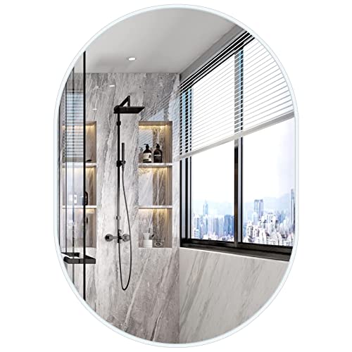 Dripex Specchio da parete ovale 50 x 70 cm con cornice in alluminio, Moderno Specchio, HD Specchio per il trucco orizzontale o verticale decorativo in Bagno Spogliatoio Soggiorno (bianco)
