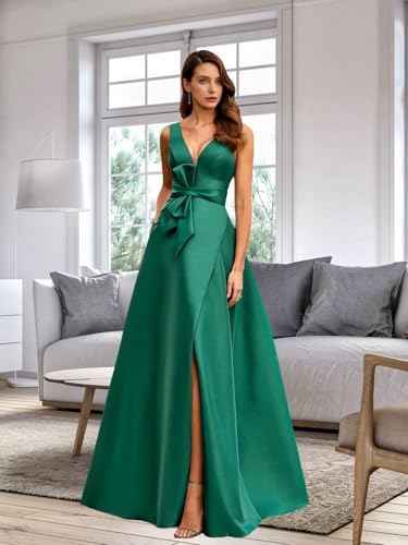 Long Satin Mother of The Bride Dresses Formal for Wedding A Line V Neck Evening Gowns for Women2