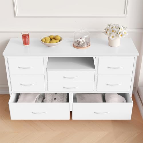 Jojoka 8 Dresser TV Stand with Power Outlet & LED for 55'' TV, Long Dresser for Bedroom with 8 Deep Drawers, Wide Console Table for Storage in Closet, Living Room, Entryway, Wood Top (White)