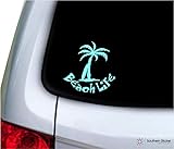 Beach Life Palm Tree Surfboard 3.9x3.9 inches Size Vacation United States America Color Sticker State Decal Vinyl Laptop car Window Truck - Made and Shipped in USA (Mint)