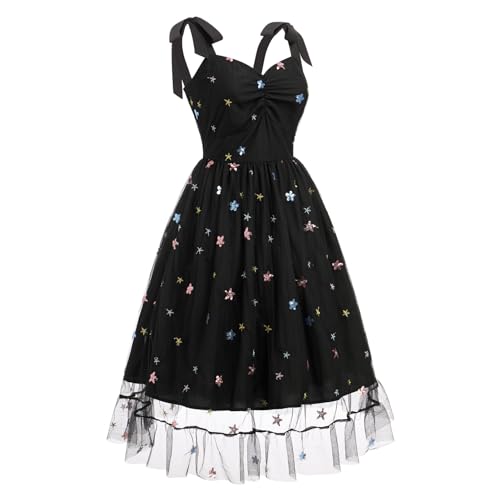 Image of IDOPIP Women 1950s Vintage Strawberry /Cherry /Sequin Star Print Cocktail Mesh Dress Self Tie Straps Retro Wedding Guest Dress
