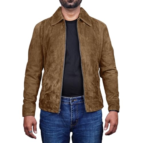 Image of Mens Polo Collar Zipper Suede Shirts Long Sleeve Shacket Suede Trucker Jacket Real Suede Leather Shirt